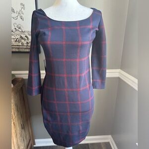 NWT Express Willow Plaid square neck Sheath Dress 3/4 sleeve XS